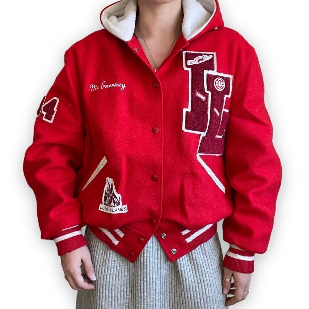 Vintage 1990s DeLong Womens Red Wool Letterman School Preppy Varsity Jacket Sz M